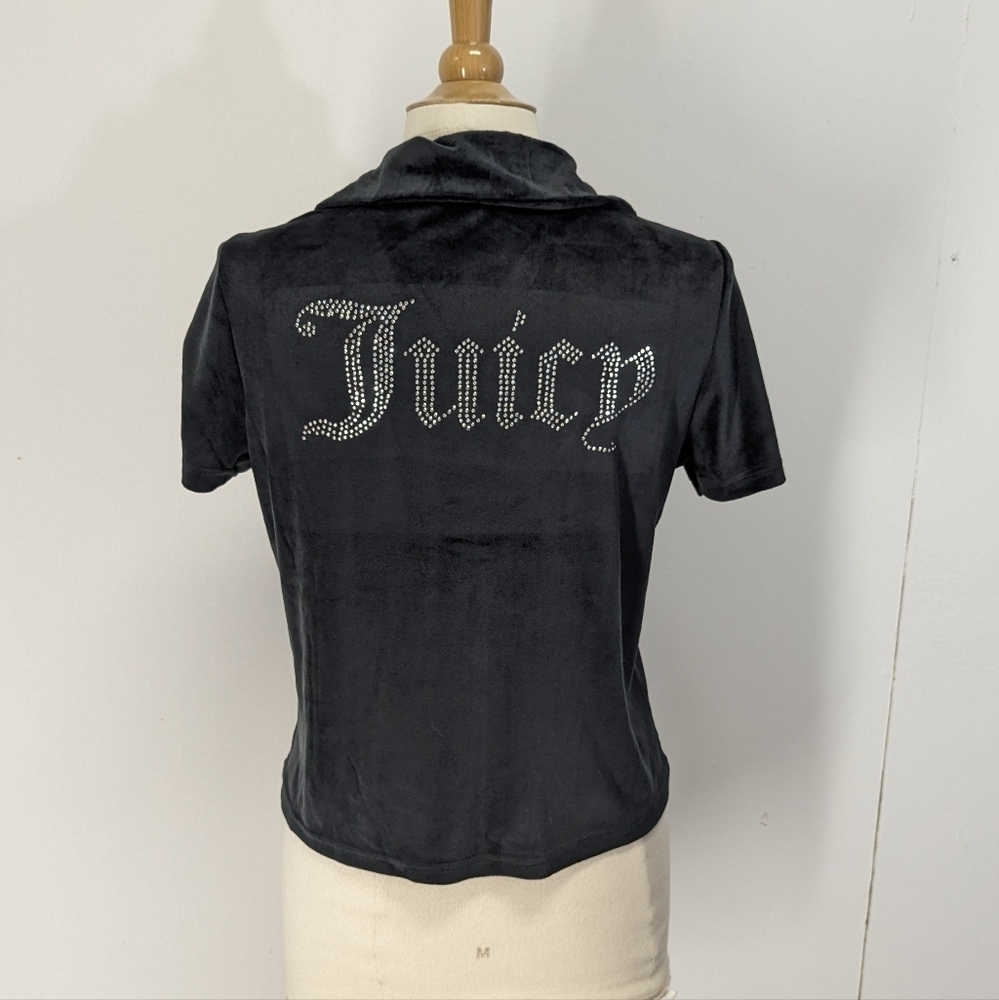 Juicy Couture Black Velour Y2K Button Down Top Baby Tee Cropped Pajama M